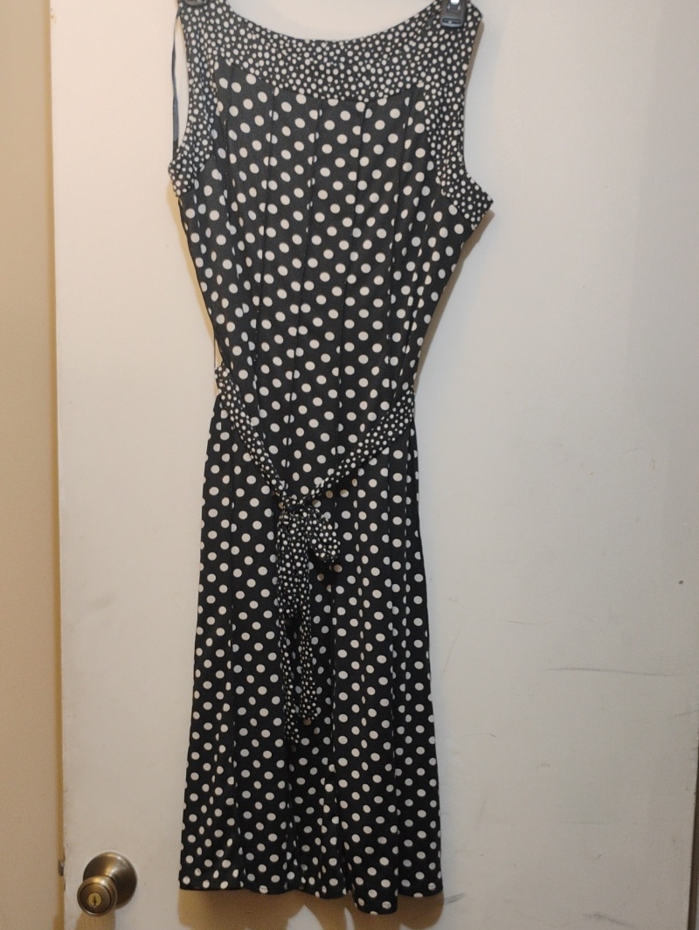 Perceptions Black and White Polka Dot Tie-Waist Sleeveless Dress
